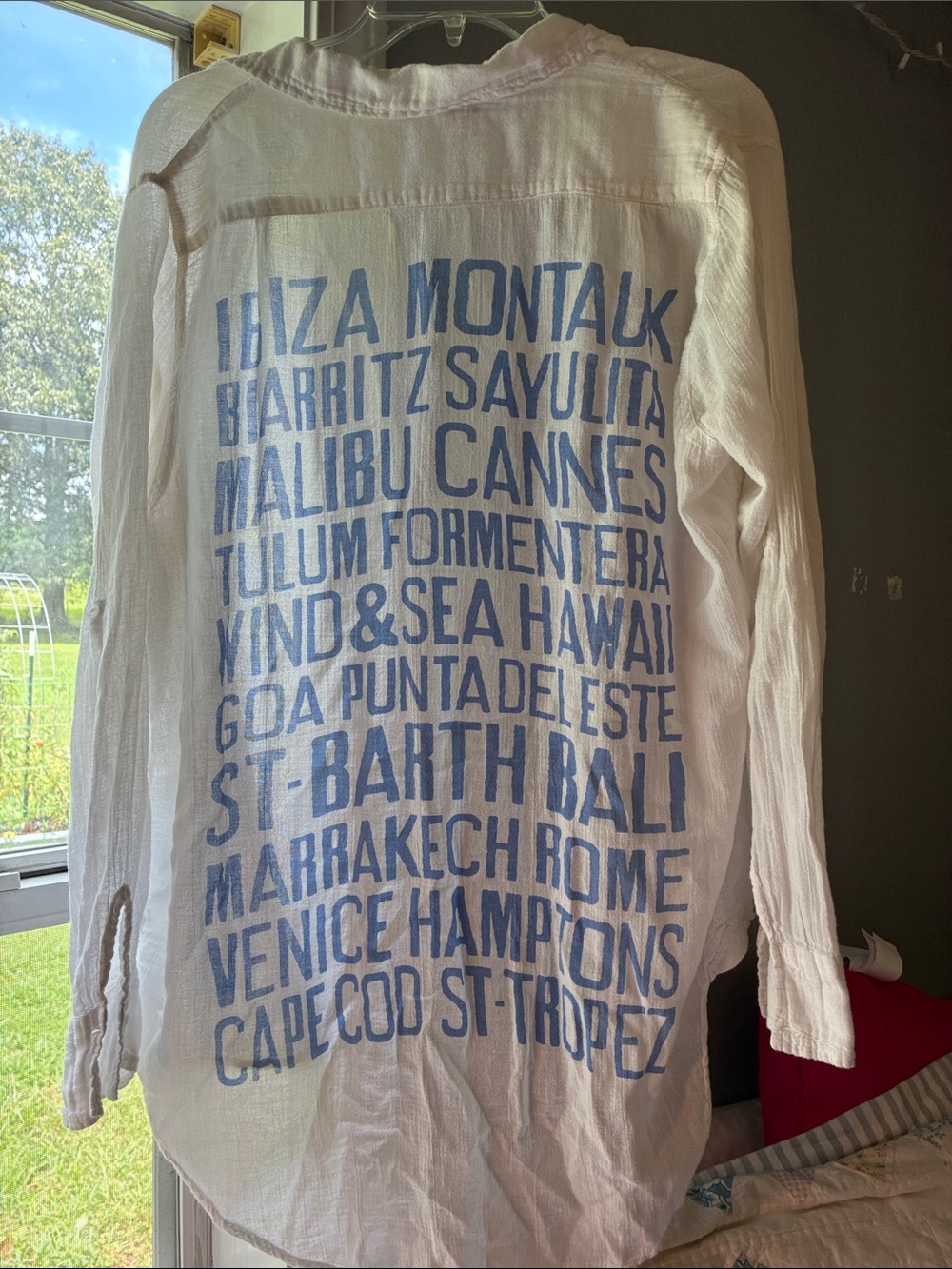 Sundry White Button-Down Beach Town Print Shirt with Blue Text 100% Cotton